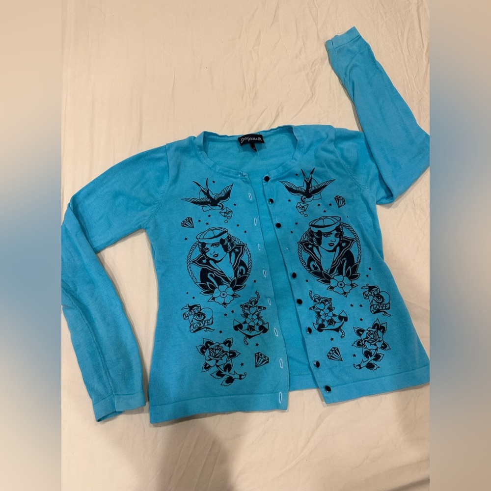 Sourpuss Turquoise Blue Graphic Button-Up Cardigan - Picture 3 of 14